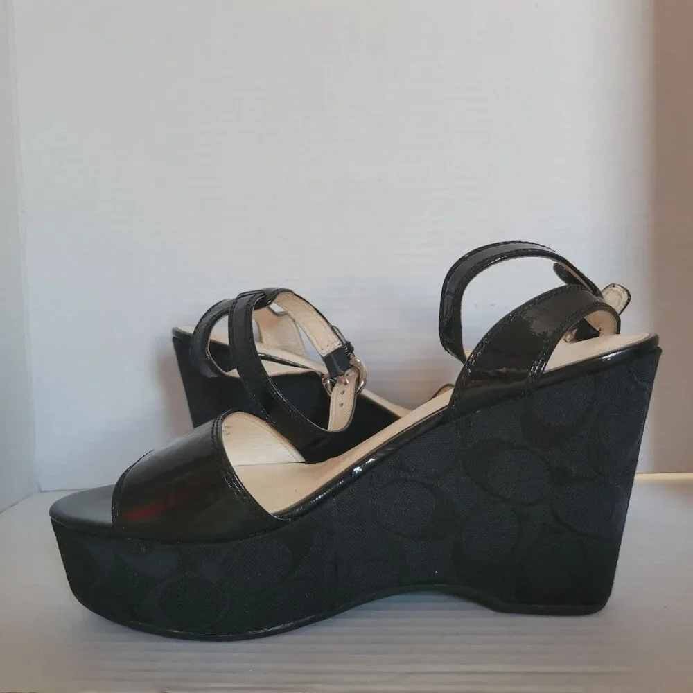 Coach Wedge Heels Sandals Platform Black Patent Leather Nalene Women's Woman's 7